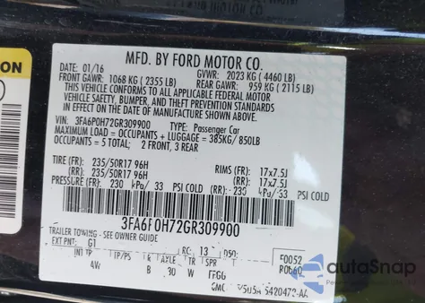 2016 Ford Fusion Se from USA, damaged, VIN 3FA6P0H72GR309900